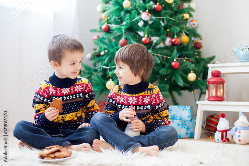 Two adorable children, boy brothers, eating cookies and drinking