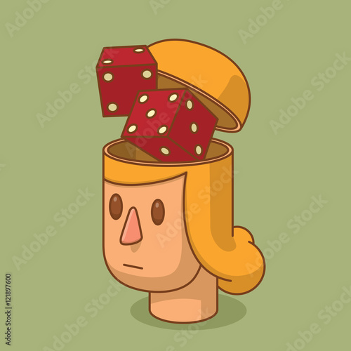 Vector cartoon image of the head of woman with blond hair and with an open braincase from which appears a pair of red dice on a green background. Excitement, casino. Vector illustration.