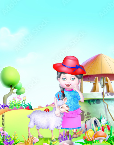 Girl with a sheep near well