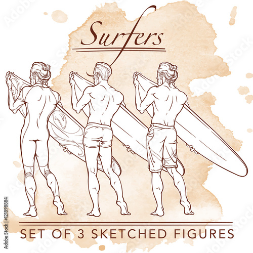 Set of back view surfers on grunge background