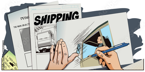 Driver behind wheel of truck.