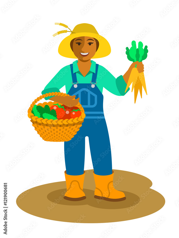 Young friendly smiling black farmer woman stands with vegetables harvest in  basket and holds carrots in hand. Vector flat illustration. Female cartoon  character. Fresh local organic food concept Stock Vector | Adobe