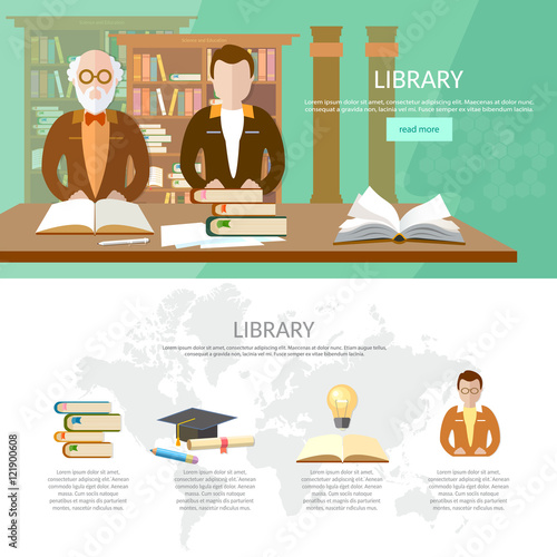 Public library infographic library interior with people reading