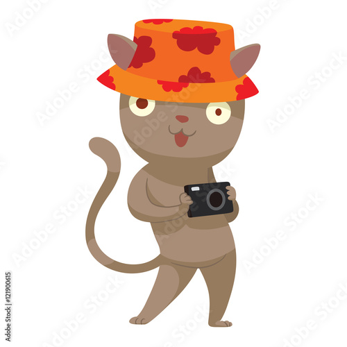 Vector cartoon image of a cute gray cat-tourist in orange panama hat with red flowers and with black camera in his paws standing on a white background. Vector illustration of a cat-traveler.