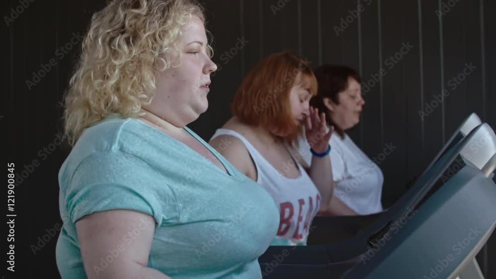 Three fatty women walking on a treadmill desk during workout in the gym Three fatty women walking on a treadmill desk during workout in the gym