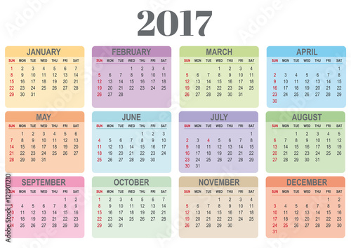 Calendrier 2017 multicolore - Les semaines débutent le dimanche