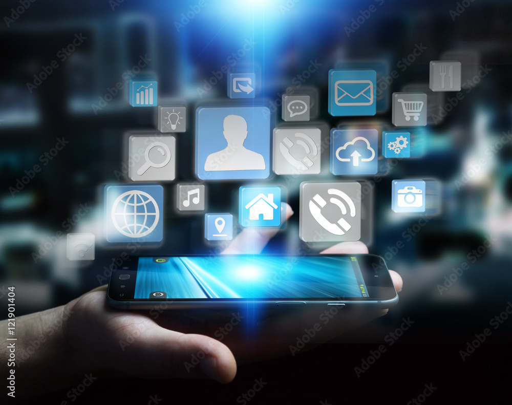 Icons connected to each other over businessman phone Icons connected to each other over businessman phone
