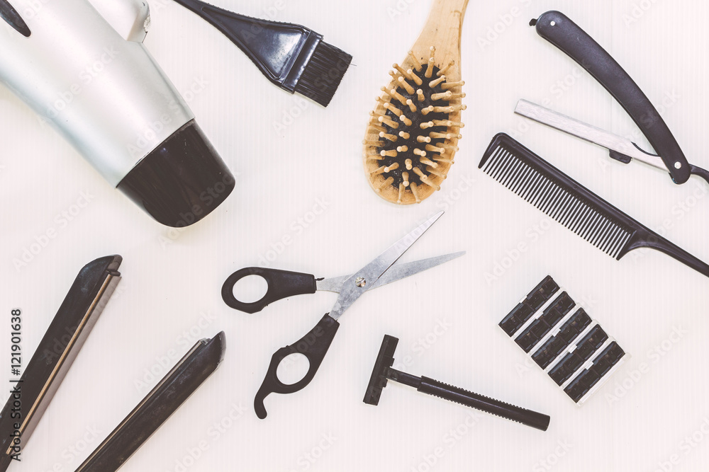 Professional hairdresser tools on white backgroung Professional hairdresser tools on white backgroung