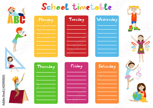 School timetable, kids weekly schedule vector