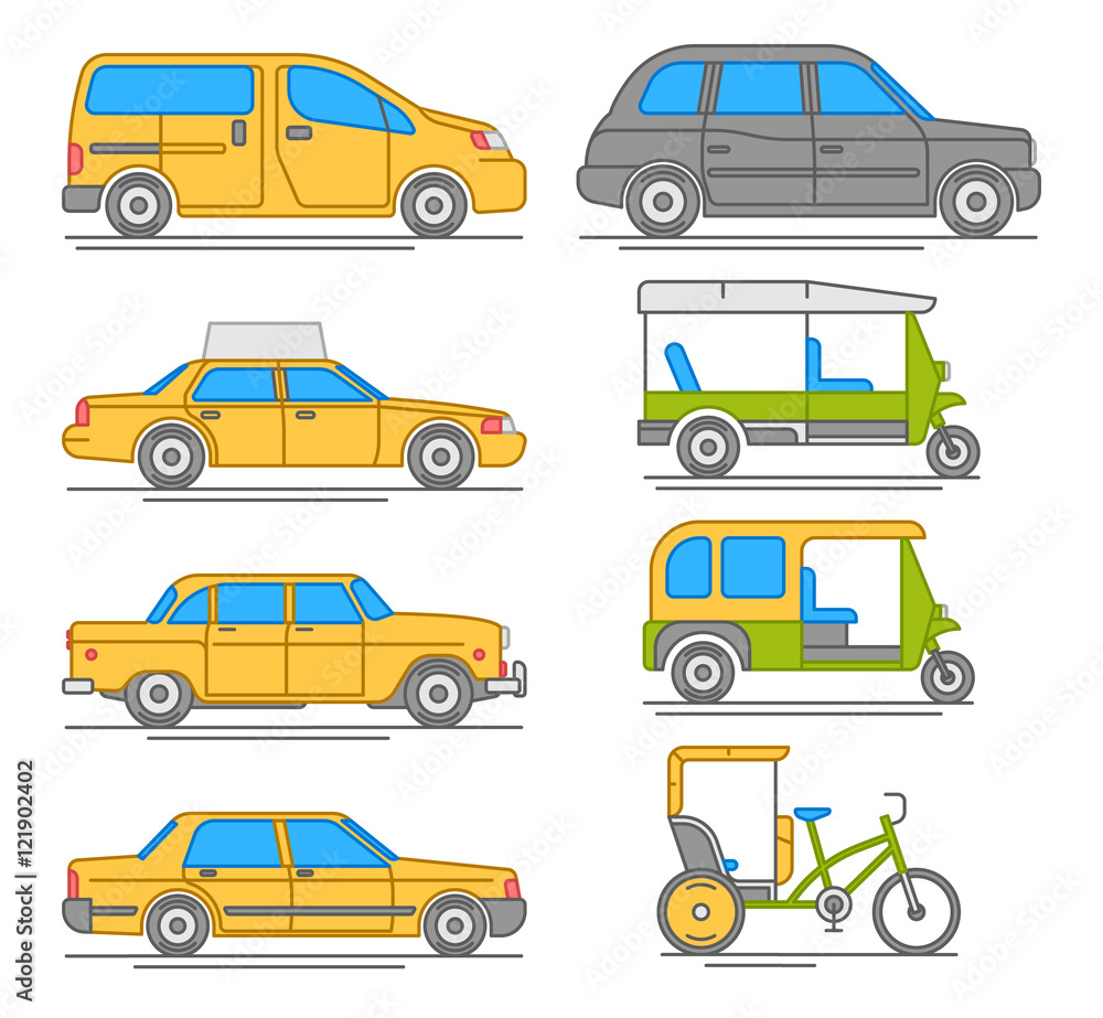 Trendy linear taxi transport icons