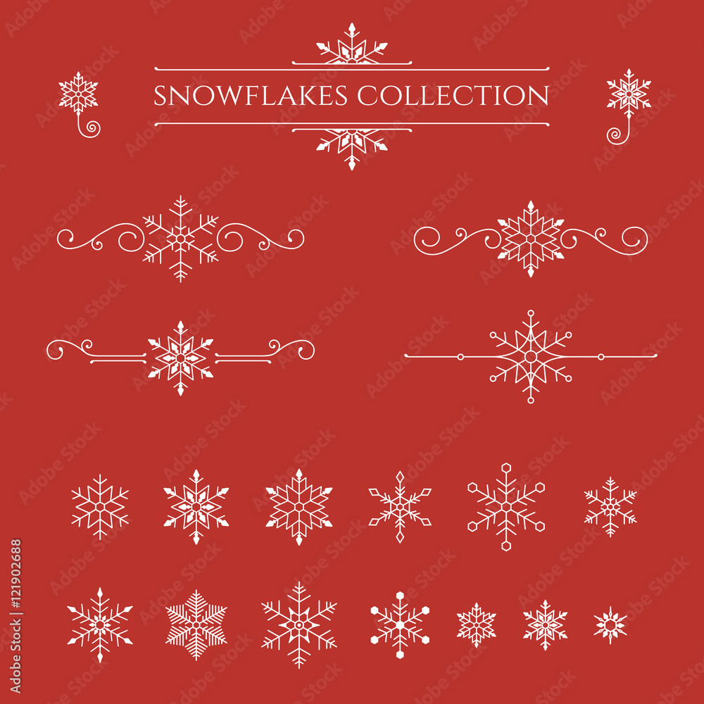 Set of snowflakes on red background. Winter decorative element. Vector illustration. 