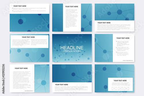 Big set of vector templates for presentation slides. Modern graphic background molecule structure and communication. Medical, science, chemistry, technology design