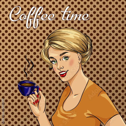 Beautiful woman drinks coffee vector illustration in retro comic pop art style.