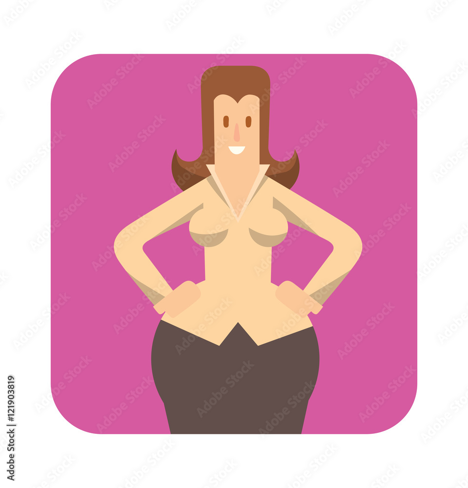 Vector square pink frame with cartoon image of a rounded business woman with brown hair standing and smiling in the center on a white background. Vector illustration of geometric business woman. Vector square pink frame with cartoon image of a rounded business woman with brown hair standing and smiling in the center on a white background. Vector illustration of geometric business woman.