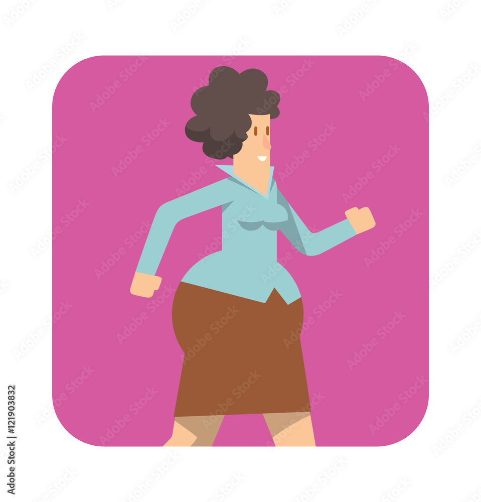 Vector square pink frame with cartoon image of a rounded business woman with black hair walking somewhere in the center on a white background. Vector illustration of geometric business woman. Vector square pink frame with cartoon image of a rounded business woman with black hair walking somewhere in the center on a white background. Vector illustration of geometric business woman.
