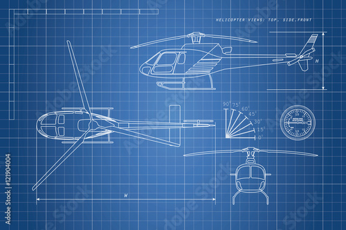 Engineering drawing helicopter on a blue background. Three views