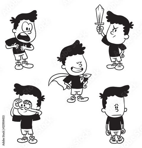 Vector cartoon set of cute little boys: in a cloak, holds hands around his eyes like binoculars, guilty, with wooden sword, proving his innocence on a white background. Made in monochrome style.