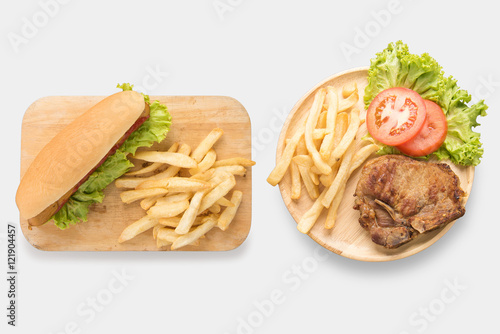 Mock up of Hot dogs and grilled pork chop steak set isolated