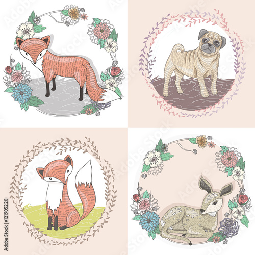 Cute little fox, deer and pug illustration set in floral frames.