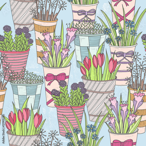 Cute seamless floral pattern. Pattern with flowers in buckets.