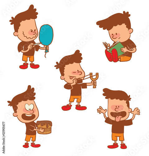Vector cartoon set of cute little boys: sighting to shoot from a slingshot, showing tongue, reading book, with a balloon, with a cake in hands on a white background. Color image with a brown tracings.