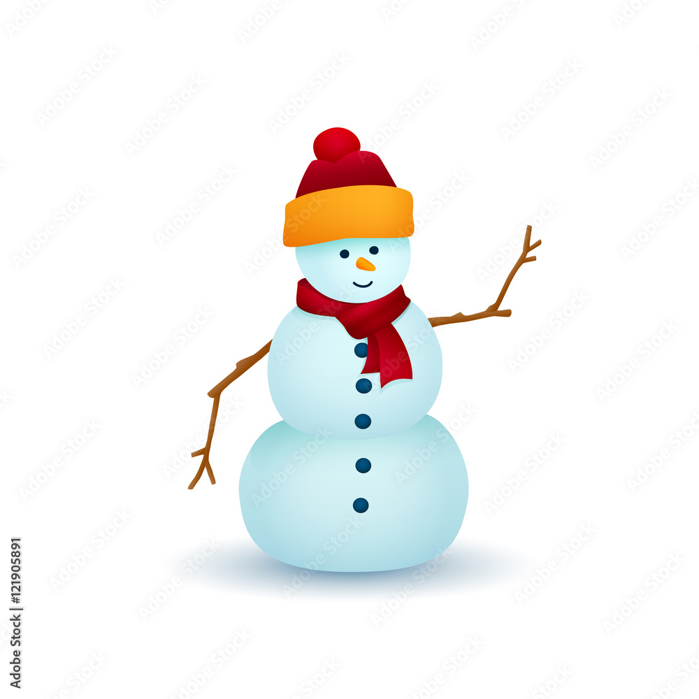 Christmas Snowman Isolated on White Background, White Snowman in a Hat and Scarf , Christmas Decorations, Merry Christmas and Happy New Year, Vector Illustration