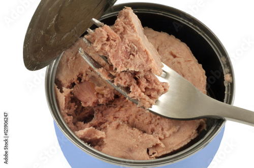 Morceau de thon piqué avec une fourchette dans une boîte de conserve