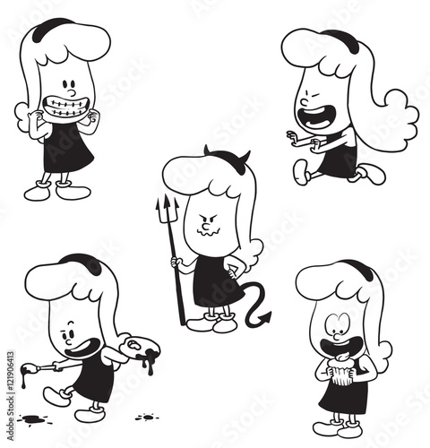Vector cartoon set of cute little girls: with a cupcake, with braces on teeth, with a trident, with a palette and a brush and running happily on white background. Made in a monochrome style.
