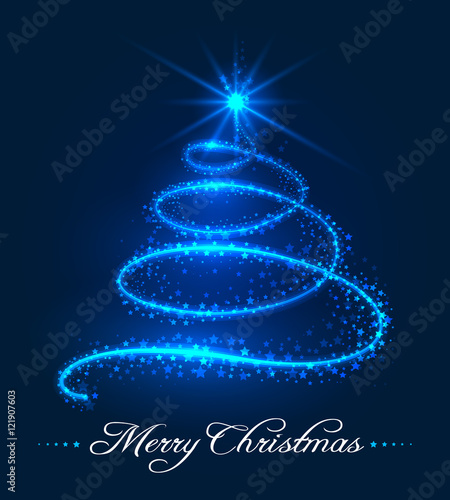 Xmas tree background with stars trail. Vector winter starry christmas tree poster