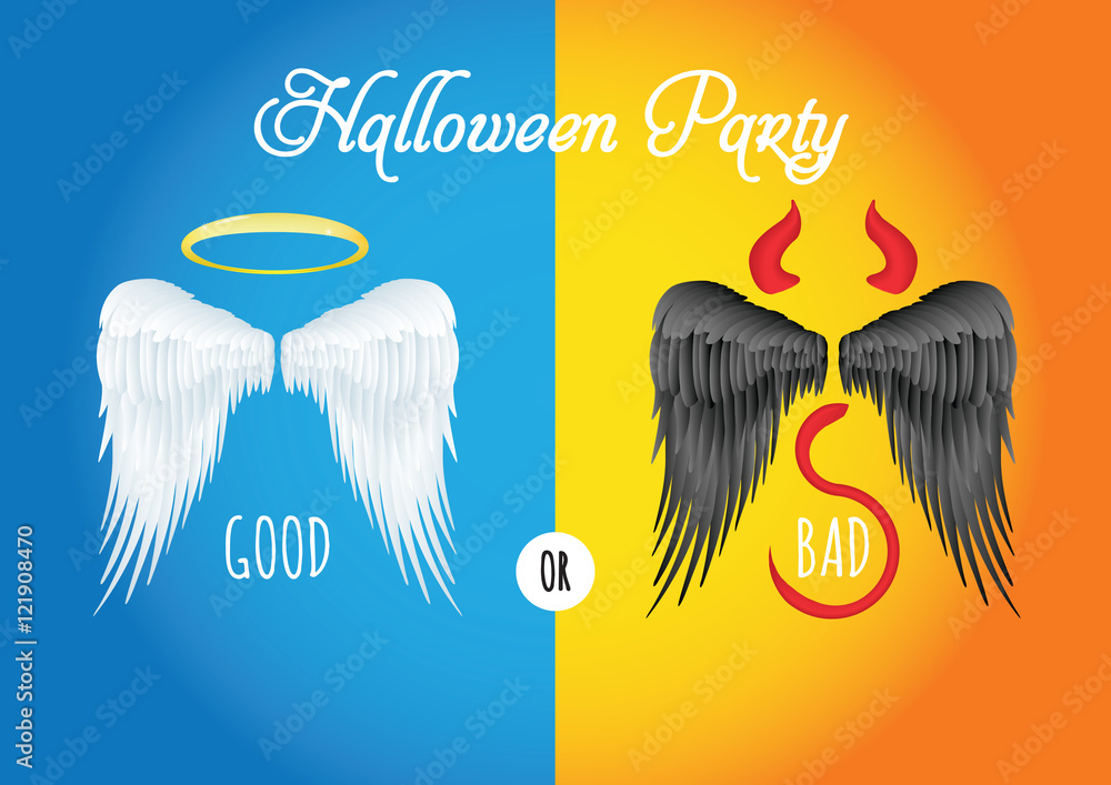 Halloween vector illustration of angel and devil wings, party with blue