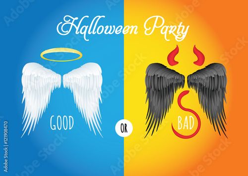 Halloween vector illustration of angel and devil wings, party with blue and orange background