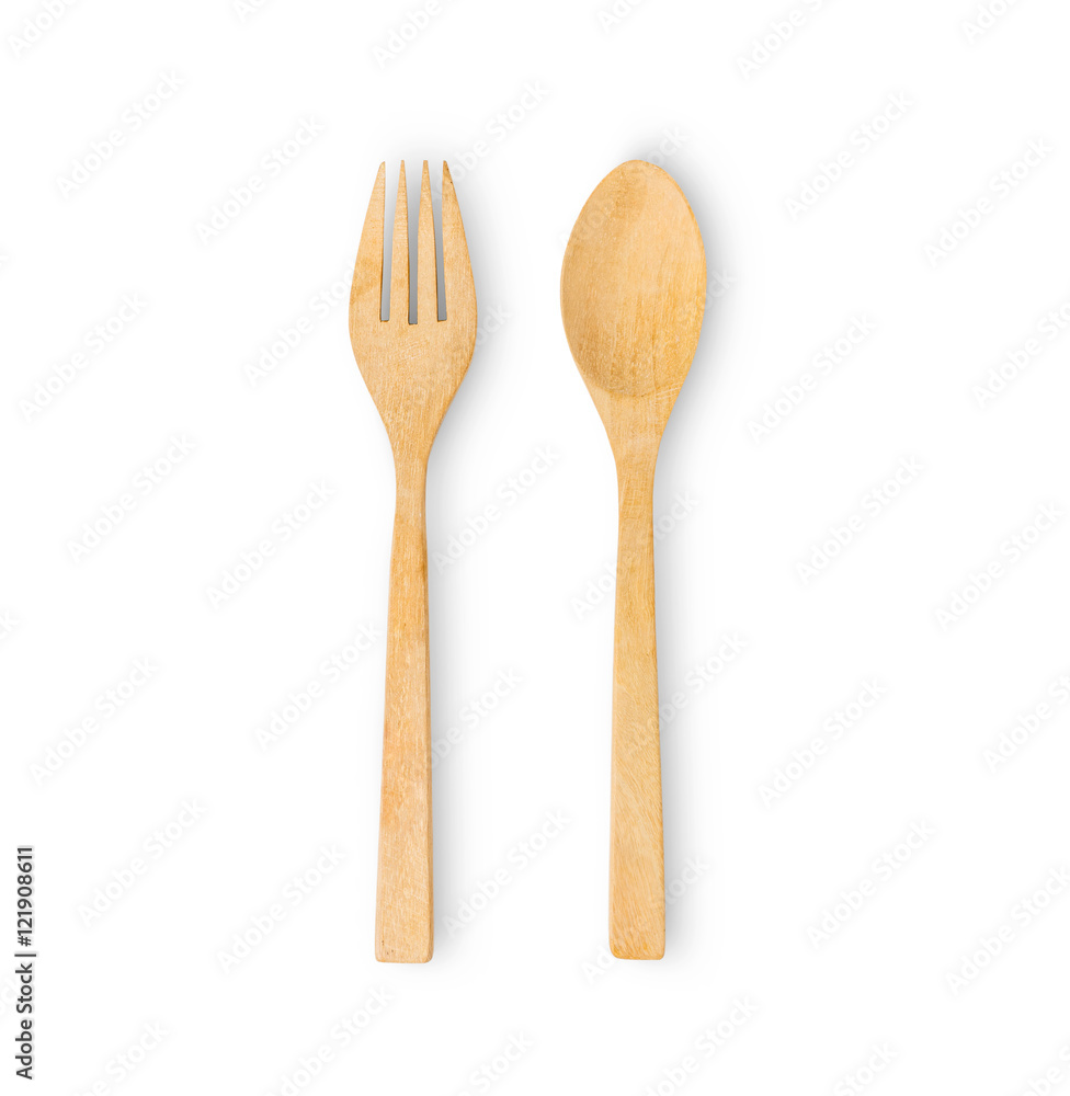 Set of fork and spoon wooden isolated on white background Set of fork and spoon wooden isolated on white background