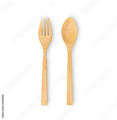 Set of fork and spoon wooden isolated on white background