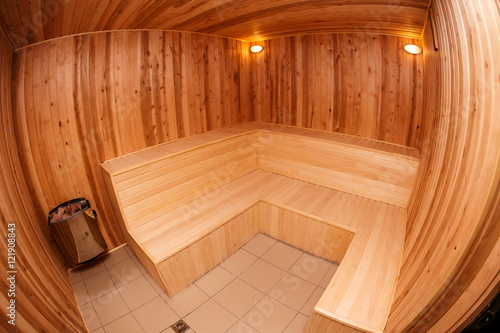 Empty wooden sauna fish-eye view