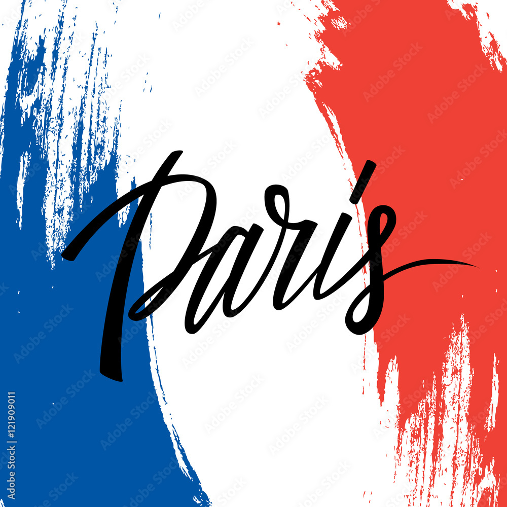 Φωτογραφία Handwritten inscription Paris and brush strokes in colors of the national flag of France