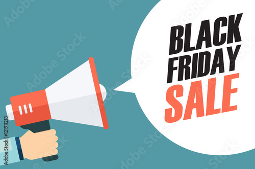 Male hand holding megaphone with Black Friday Sale speech bubble. Banner for business, promotion and advertising. Vector illustration.