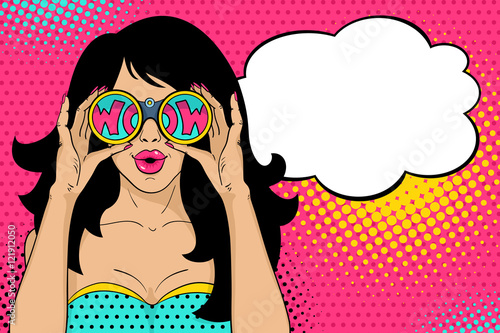 Wow pop art face. Sexy surprised woman with open mouth holding binoculars in her hands with inscription wow in reflection and speech bubble. Vector colorful background in pop art retro comic style.