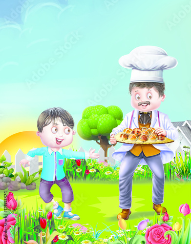 Boy and cook with cookies i...