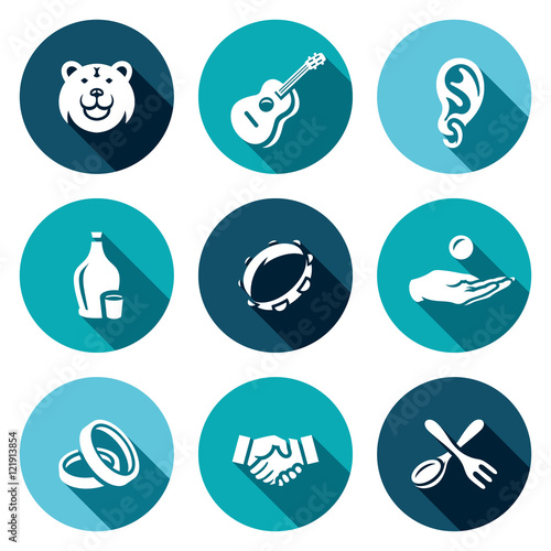 Vector Set of Gypsy Camp Icons. Bear, Guitar, Eear Ring, Alcohol, Tambourine, Beggar, Wedding, Agreement, Silverware.