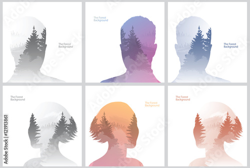 Vector set of double exposure illustrations. Men and women silhouettes plus forest background. Double exposure portraits of men and women on gray, brown and dark blue backgrounds of coniferous forest.