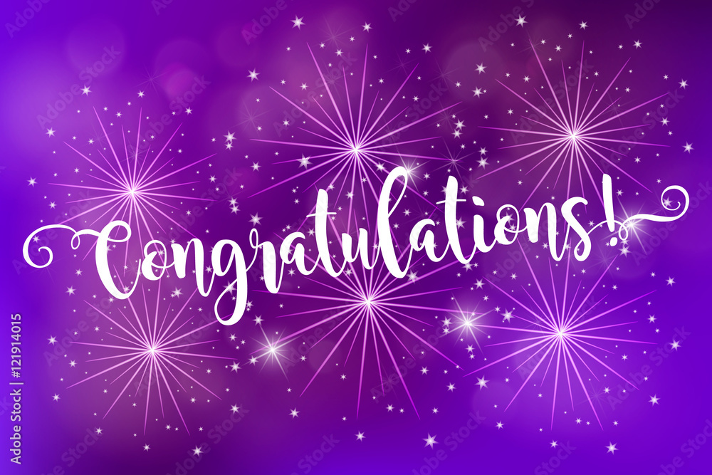 Congratulations. Card blue fireworks glowing fire blurred blue purple