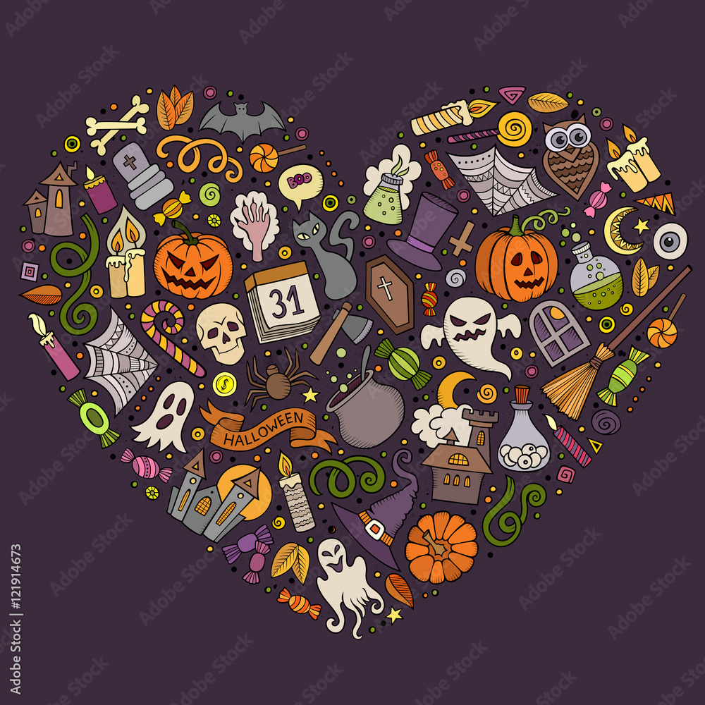Fototapeta premium Colorful vector set of Halloween cartoon doodle objects, symbols and items