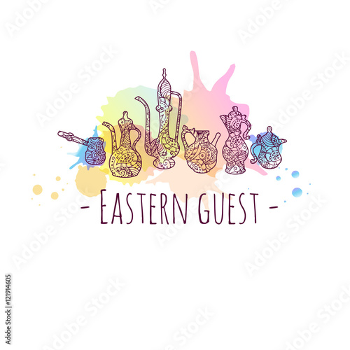 A logo template. Stylized image of Eastern dishes. Pots in the patterns. Sign to create an identity, branding, restaurant, menu, boutique, shop.