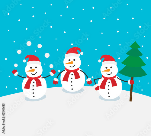 snowman on winter background with snowballs and christmas tree