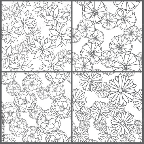 Vector set of images of seamless pattern of white flowers on a white background. White flowers with a black stroke. Made in monochrome style.