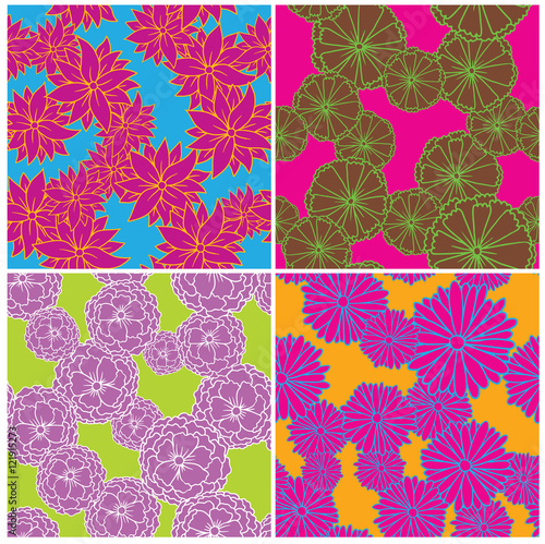 Vector set of images of seamless pattern of pink, brown, purple flowers with dark strokes on blue, pink, green, orange backgrounds. Vector seamless pattern. Chrysanthemums, anemones, peonies, daisies.