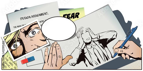Hand paints picture. Upset man clutching his head.