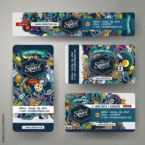 Cartoon cute line art doodles space corporate identity set