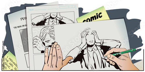 Hand paints picture. Upset man clutching his head.