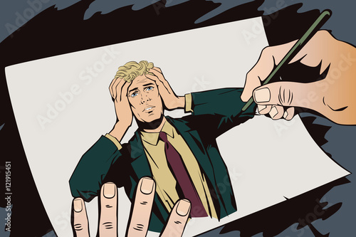 Hand paints picture. Upset man clutching his head.